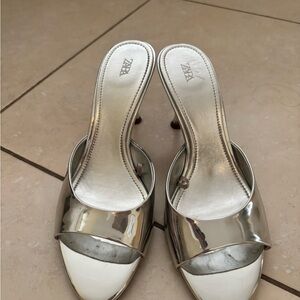 ZARA Metallic Silver Open-Toe Mule Heels